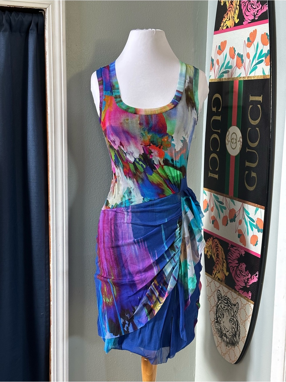 Elana Kattan Dress Watercolor Ruched Mesh Cut Out Bodycon Y2K 90s USA Made Sz XS